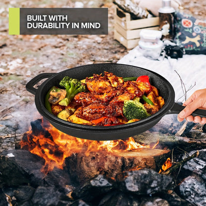 2-in-1 Cast Iron Dutch Oven with 26cm Deep Pot and Long-Handle Skillet Lid for Stovetop, Oven or Campfire