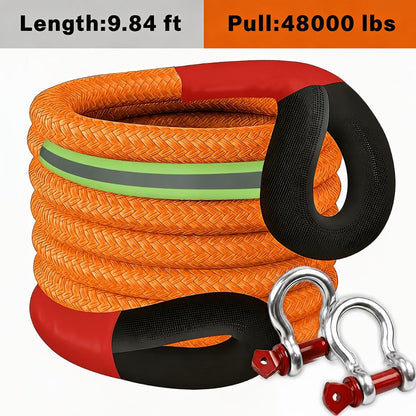 Recovery Tow Strap Heavy Duty – Up to 48000 LBS Break Strength, Kinetic Tow Rope with 2 D-Ring Shackles, Reflective Safety Flag & Storage