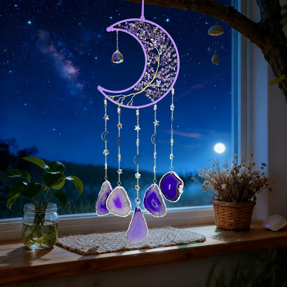 Moon Agate Tree Hanging Ornament Handmade Boho Suncatcher Wall Decor - Crystal Window Sun for Entryways, Bedrooms and Living Spaces