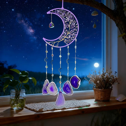 Moon Agate Tree Hanging Ornament Handmade Boho Suncatcher Wall Decor - Crystal Window Sun for Entryways, Bedrooms and Living Spaces