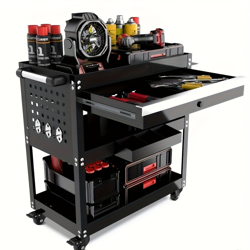 Rolling Tool Cart 3-Tier Pegboard Organizer Locking Drawer 4 Swivel Casters for Garage Workshop Mechanics Black Yellow