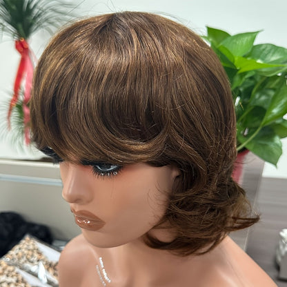 Pixie Cut Wig Human Hair with Bangs Glueless Short Brazilian Layered Machine Made Throw-On-and-Go Hairpiece Natural Black 1B Medium Brown #4