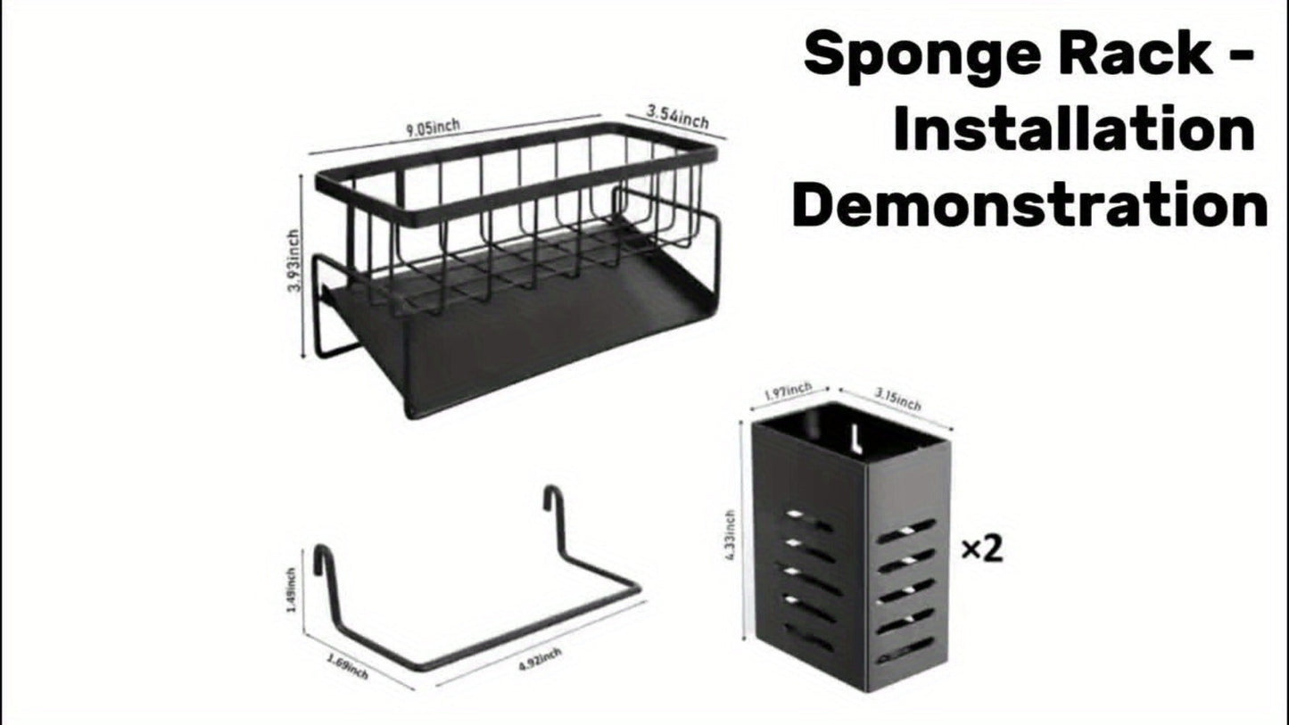 Kitchen Sink Organizer Sponge Holder with Self-Draining Tray Removable Rag Rod Carbon Steel for Home Cooking, Dining and Outdoor Meals