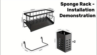 Kitchen Sink Organizer Sponge Holder with Self-Draining Tray Removable Rag Rod Carbon Steel for Home Cooking, Dining and Outdoor Meals