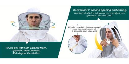 Beekeeping Suit Triple Layer Sting-Resistant Gloves 2 Veils S-3XL for Garden, Patio and Yard Use