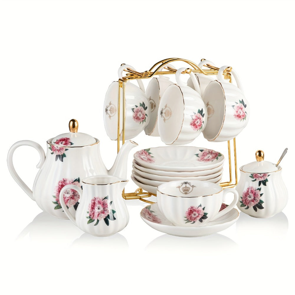 Porcelain Tea Set Service for 6 British Royal Floral Design with Teapot Sugar Bowl Cream Pitcher Teaspoons Tea Strainer 8oz Cups Saucers