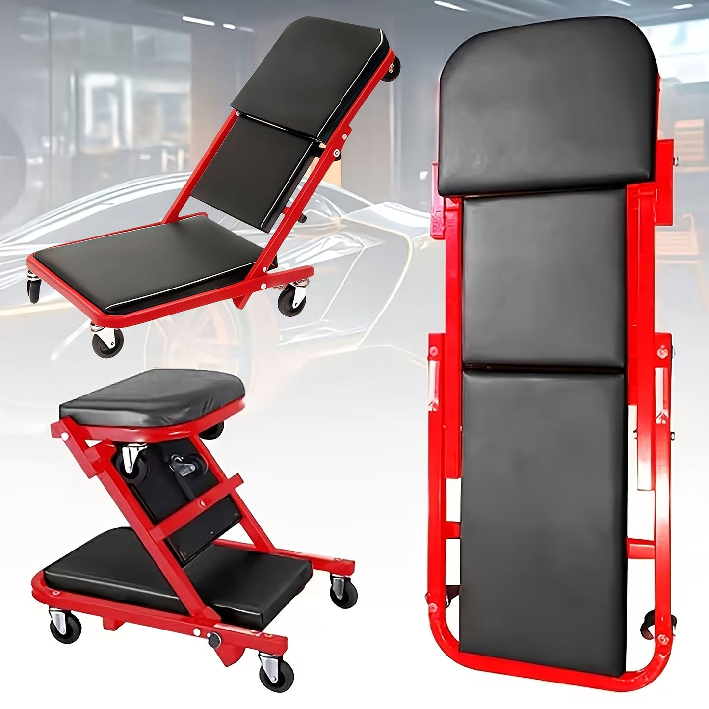 Rolling Mechanic Creeper Stool 300 lb – Foldable Z-Shape 3-in-1 Crawler Seat & Sliding Work Stool with 6 Swivel Casters