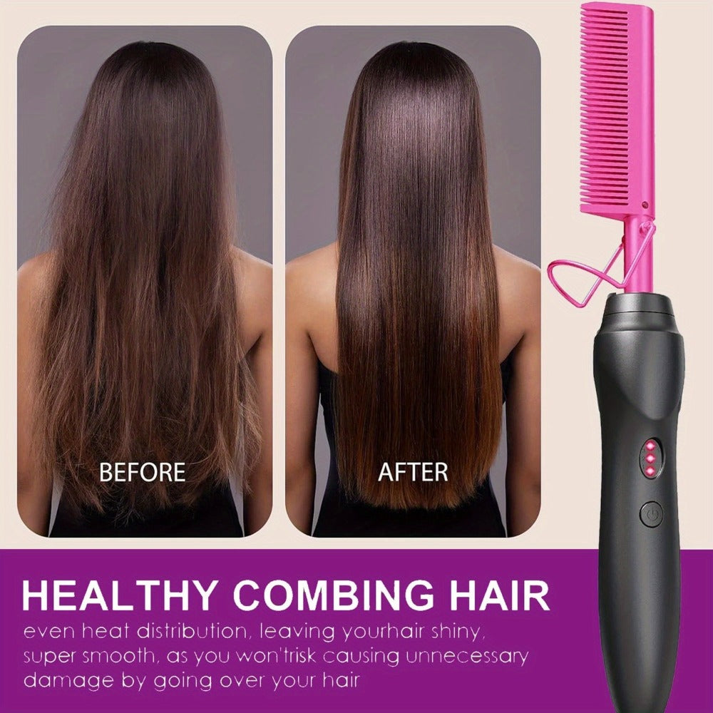 Electric Hot Comb Hair Styling Tool with Ceramic Heater, Holder, Two Clips and Five Color Options