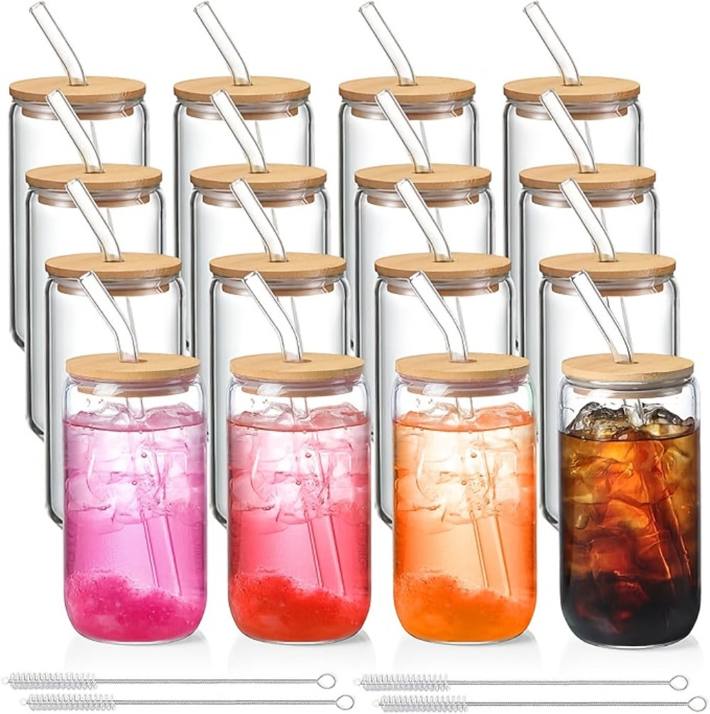 Glass Coffee Cup Drinkware Set, 16oz Clear Cups with Bamboo Lids, Glass Straws and Brushes in 4 to 16 Pieces