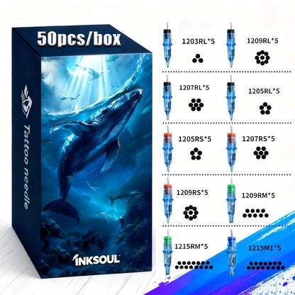 Mixed Tattoo Cartridge Needles 50pcs 10 Types Assorted - Round Liner Shader Magnum for Temporary Body Art, Festivals and Costumes