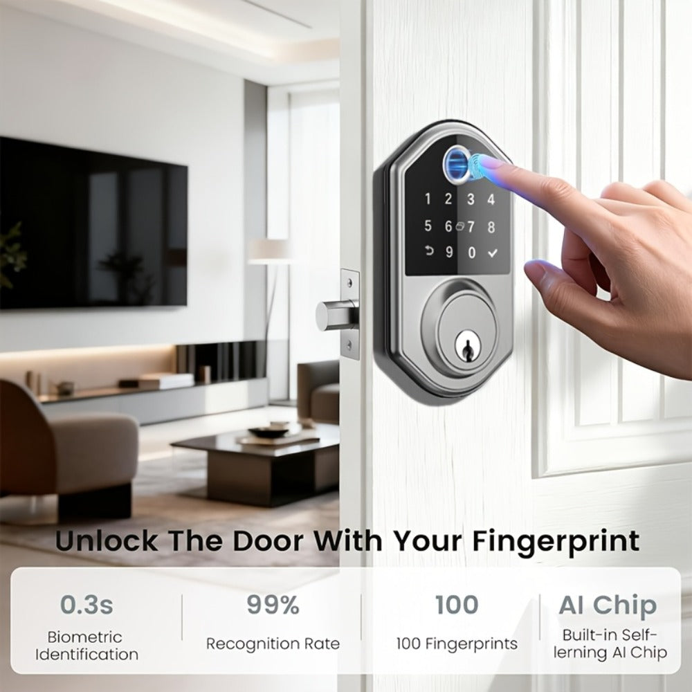 Smart Door Lock Deadbolt with Fingerprint PIN Key and Card or Cardless Black Silver Configurations