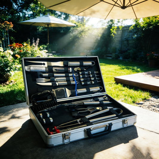 BBQ Griddle Tool Set with Aluminum Case, Oversized Spatula, Griddle Cover & Grill Scraper, Portable Outdoor Grilling Kit for Camping Parties