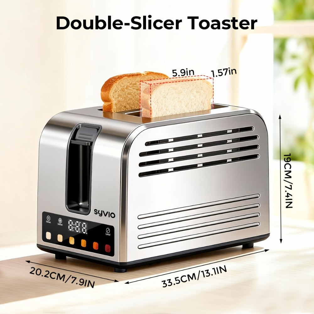 Toaster 2-Slice Stainless Steel Smart Touchscreen, 5 Bread Types, 6 Browning Levels, Wide Slots, Temperature Control