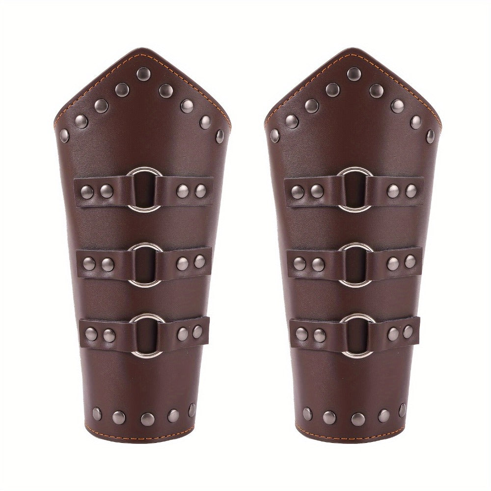 Medieval Arm Bracers 2pcs PU Leather Gauntlet Wristbands for Men, Renaissance Knight Warrior Viking Cosplay Costume Prop for Halloween LARP