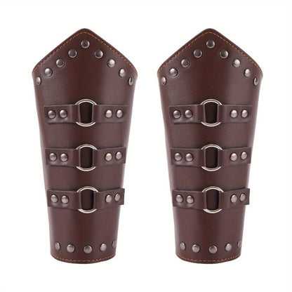 Medieval Arm Bracers 2pcs PU Leather Gauntlet Wristbands for Men, Renaissance Knight Warrior Viking Cosplay Costume Prop for Halloween LARP