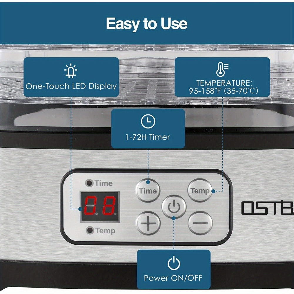 Food Dehydrator Machine 5 Tray 240W LED Digital Touchscreen Adjustable Temperature 95-158F for Entryways, Bedrooms and Living Spaces
