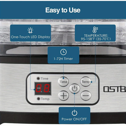 Food Dehydrator Machine 5 Tray 240W LED Digital Touchscreen Adjustable Temperature 95-158F for Entryways, Bedrooms and Living Spaces