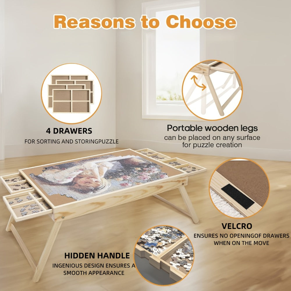 Jigsaw Puzzle Table with Folding Legs – 4 Drawers 16 Sorting Grids Portable Wooden Puzzle Board for 1000 Pieces