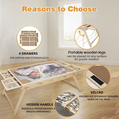Jigsaw Puzzle Table with Folding Legs – 4 Drawers 16 Sorting Grids Portable Wooden Puzzle Board for 1000 Pieces