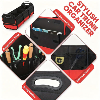 Car Trunk Organizer, 95L Foldable 4-Compartment Bin with Two Retractable Straps and Divider Set