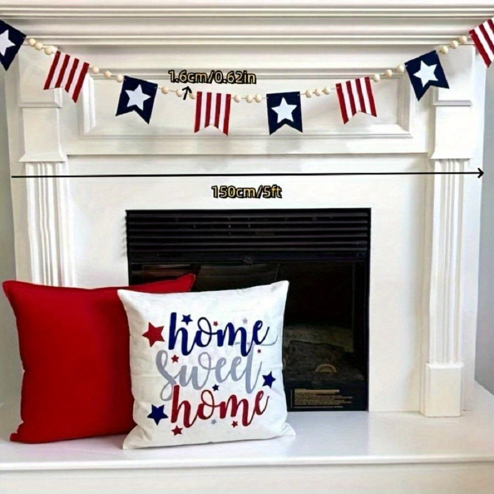 Patriotic Bunting Flags with Wood Bead Garland – 4th of July Red White Blue Hanging Banner Decor for Independence Day Party