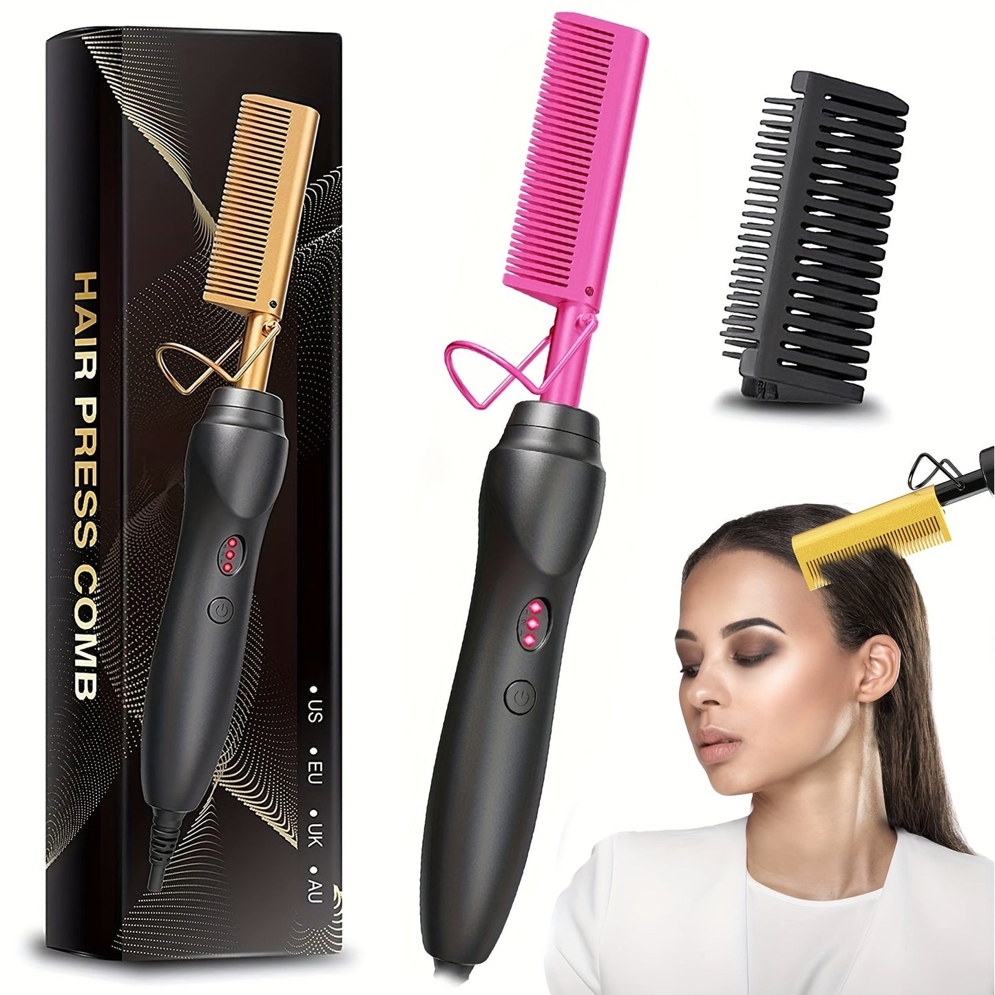 Electric Hot Comb Hair Styling Tool with Ceramic Heater, Holder, Two Clips and Five Color Options