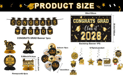 Class of 2026 Graduation Decoration Set with Letter Banner, Hanging Pieces and Six Color Options