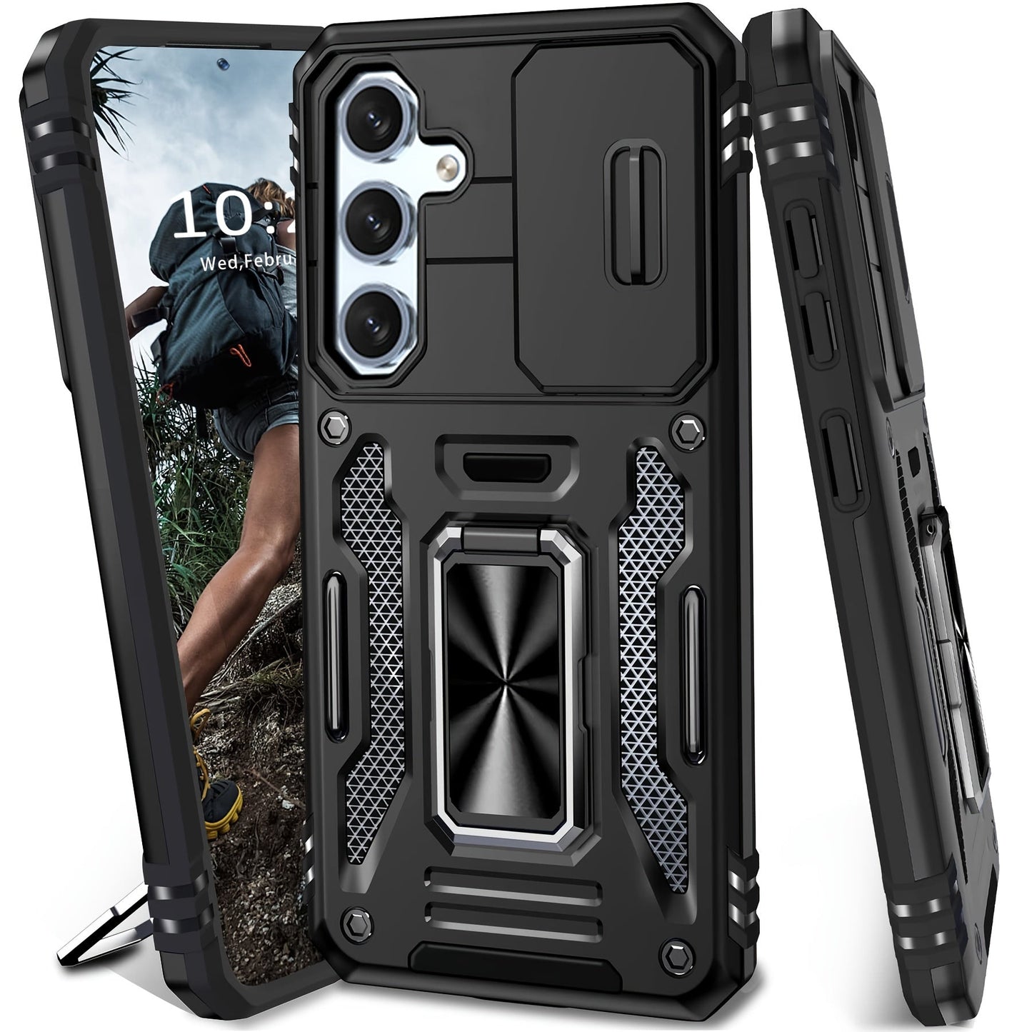 Samsung Galaxy Shockproof Magnetic Phone Case with 360° Rotating Ring Bracket & Sliding Lens Protector – Heavy Duty Cover for S24FE S23FE