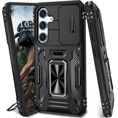 Samsung Galaxy Shockproof Magnetic Phone Case with 360° Rotating Ring Bracket & Sliding Lens Protector – Heavy Duty Cover for S24FE S23FE