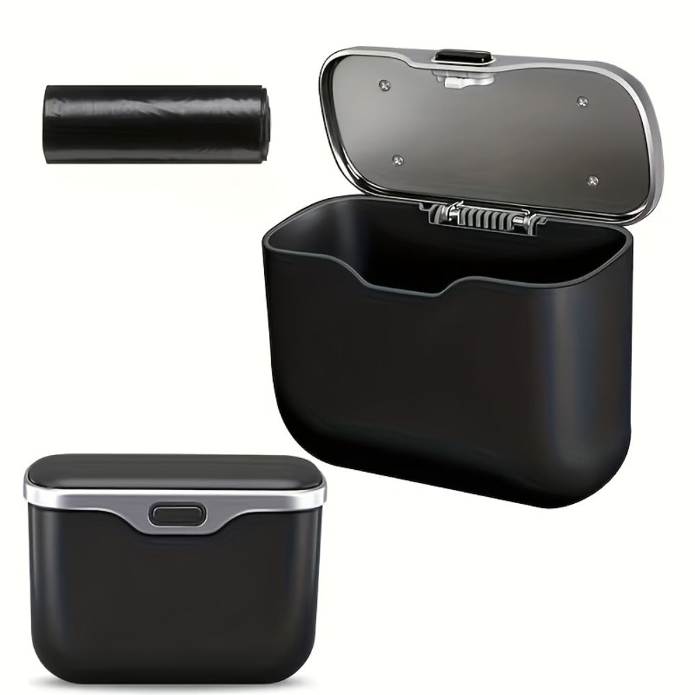 Slim Beige Car Trash Bin with Push Lid, Snap-On Mount, 17.1 cm Width and Included Liner Bags