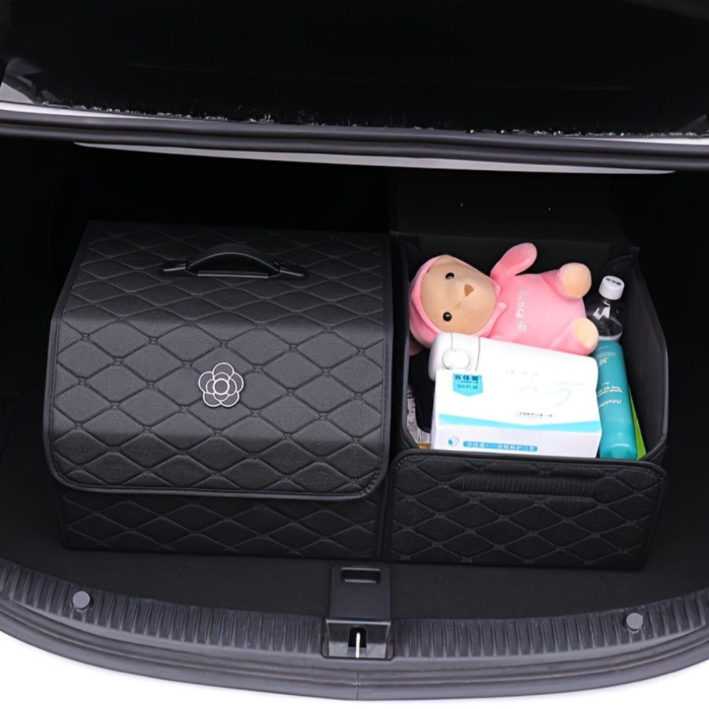 Car Trunk Organizer, Foldable Quilted Lidded Storage Box in Small or Large Size with Black and White Options