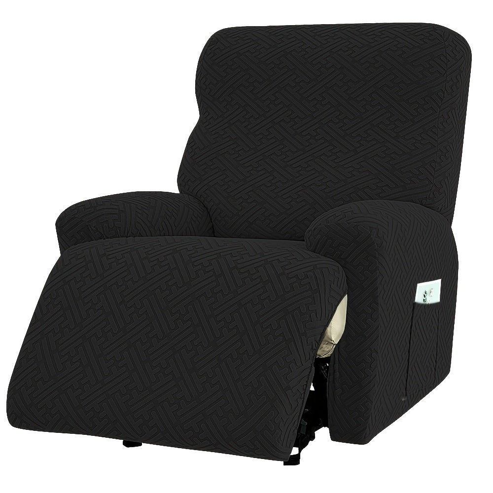 Four-Piece Maze Jacquard Recliner Chair Cover Set with Side Pocket and Nine Solid Color Options