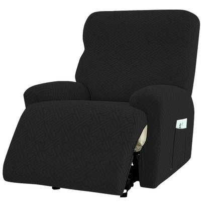 Four-Piece Maze Jacquard Recliner Chair Cover Set with Side Pocket and Nine Solid Color Options