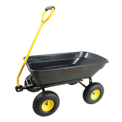 Garden Dump Cart 4-Wheel Steel Frame Poly Bed Quick-Release Dump Feature Foldable D-Handle Yard Wagon for Landscaping Lawn