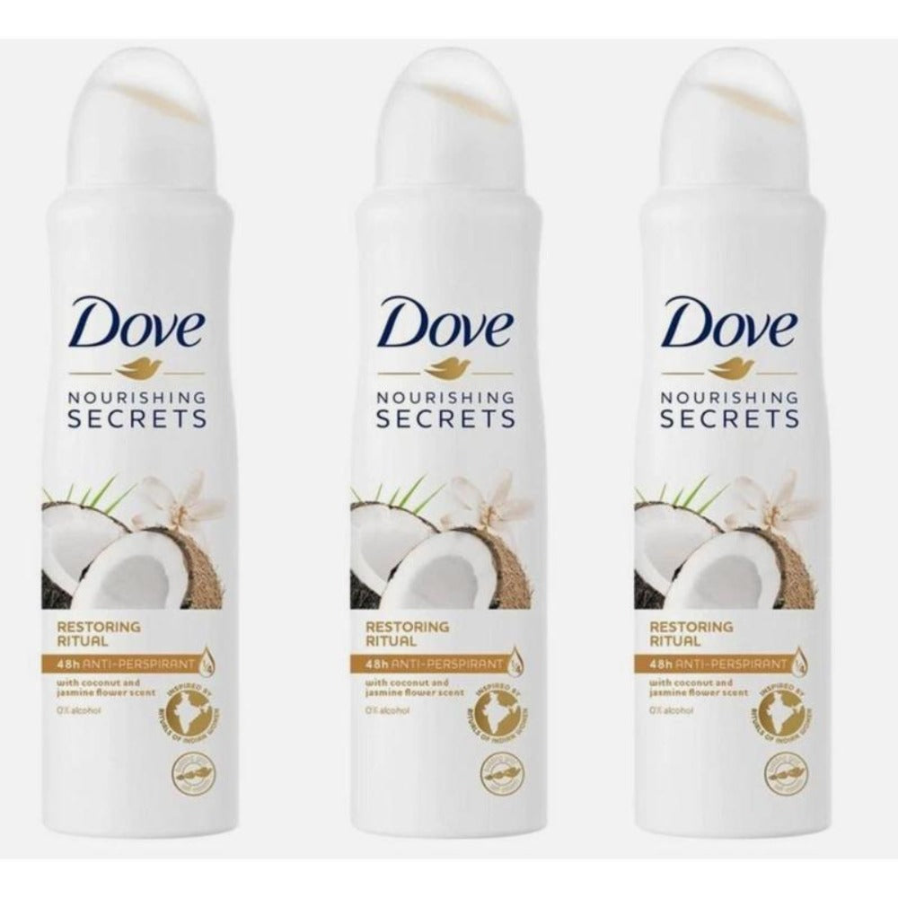 Dove Antiperspirant Deodorant Spray 3-Pack Coconut Jasmine Restoring Ritual 150ml Each for Entryways, Bedrooms and Living Spaces