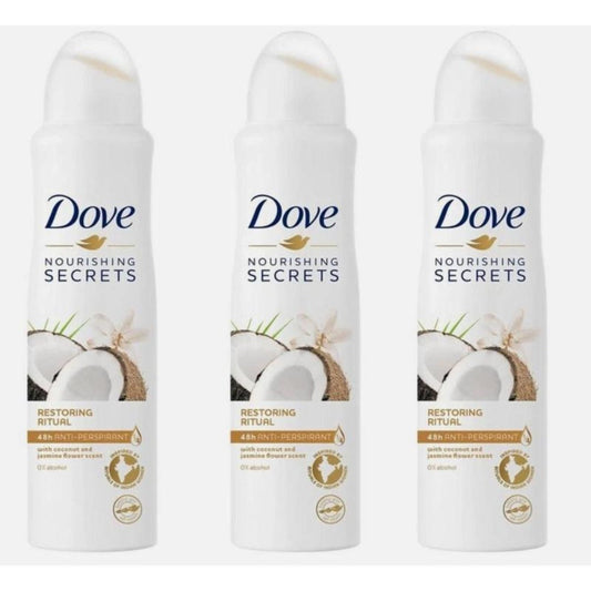 Dove Antiperspirant Deodorant Spray 3-Pack Coconut Jasmine Restoring Ritual 150ml Each for Entryways, Bedrooms and Living Spaces
