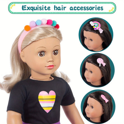 18 Inch Doll Travel Accessories Set 25 Pcs, Unicorn Suitcase Roller Skates Backpack Outfit Hairpins School Supplies