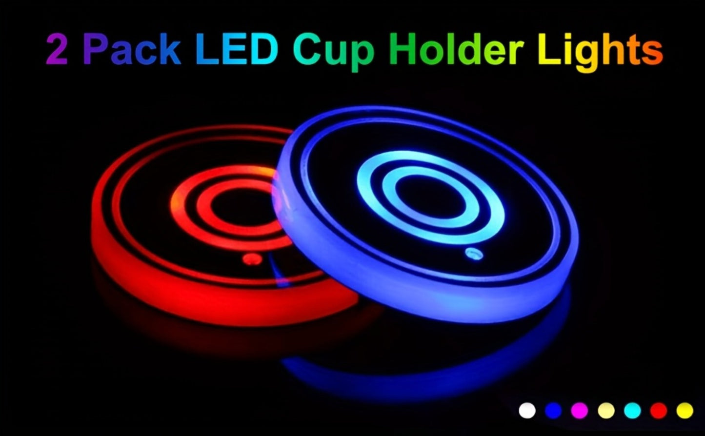 LED Neon Car Cup Holder Coasters – 7 Color USB Rechargeable Glowing Cup Mats, Ambient Light for Car Interior, Bar & Home Decor (Set of 2