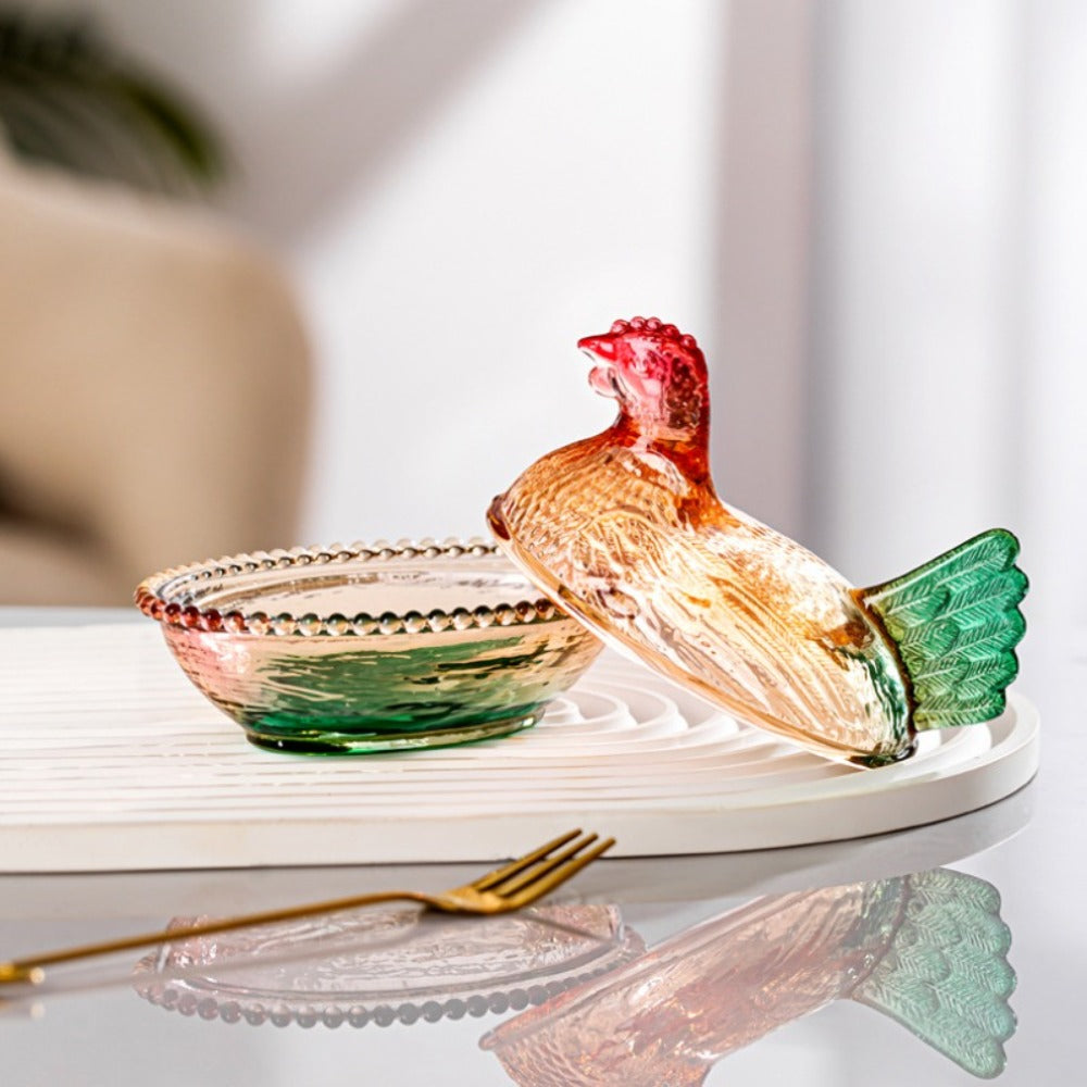 Chicken Shaped Glass Storage Jar with Lid Decorative Pearl Hen Candy Jar Reusable Desktop for Home Cooking, Dining and Outdoor Meals