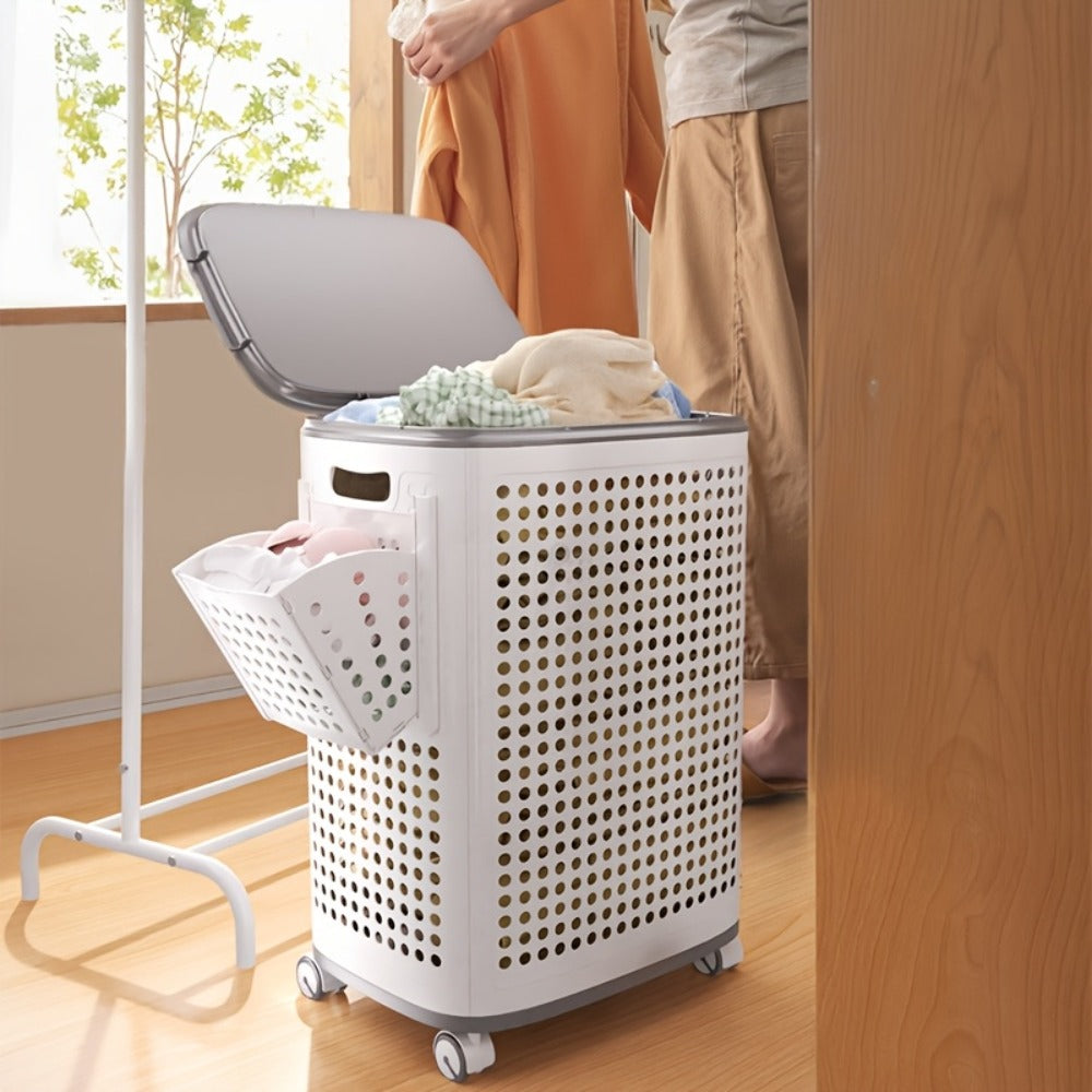 Rolling Laundry Basket with Lid and Wheels, Large Foldable Ventilated Storage Bin with Lockable Casters