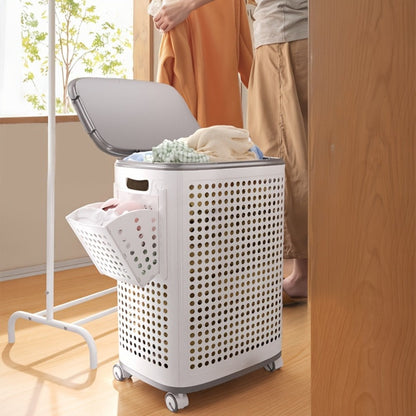 Rolling Laundry Basket with Lid and Wheels, Large Foldable Ventilated Storage Bin with Lockable Casters