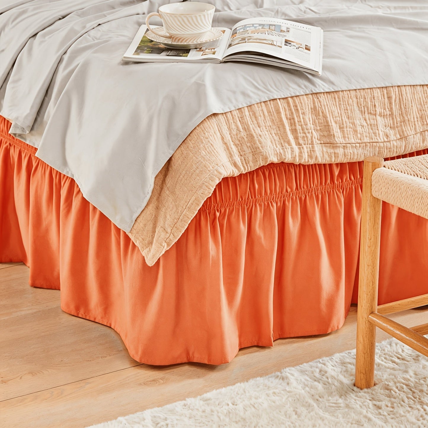 Bed Skirt Elastic Wrap Around Ruffle – 15 Inch Drop Microfiber Dust Ruffle, Adjustable No-Lift Fit, Fade Resistant Machine Washable
