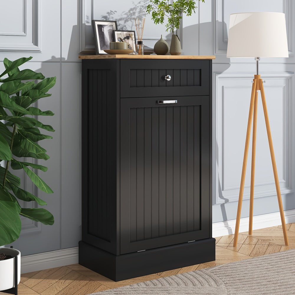 Tilt Out Trash Cabinet Freestanding Kitchen Garbage Cabinet with Cutting Board & Drawer, Wood Hideaway Recycling Station