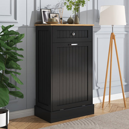 Tilt Out Trash Cabinet Freestanding Kitchen Garbage Cabinet with Cutting Board & Drawer, Wood Hideaway Recycling Station