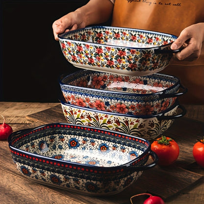 Ceramic Baking Dish Set of 2 Large 13 Inch Rectangular Casserole Dish Porcelain Bohemian for Entryways, Bedrooms and Living Spaces