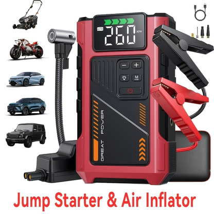 Jump Starter with Air Compressor 5000A Peak 150PSI Tire Inflator 5-in-1 Portable Car Battery Jump Pack for Garden, Patio and Yard Use