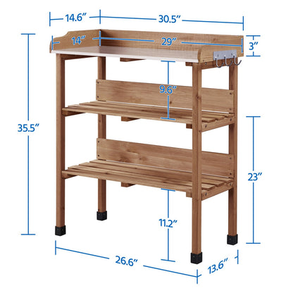 Rolling Potting Bench 3-Tier Wooden Garden Workstation Waist-High Galvanized Metal Top Lockable Casters for Garden, Patio and Yard Use