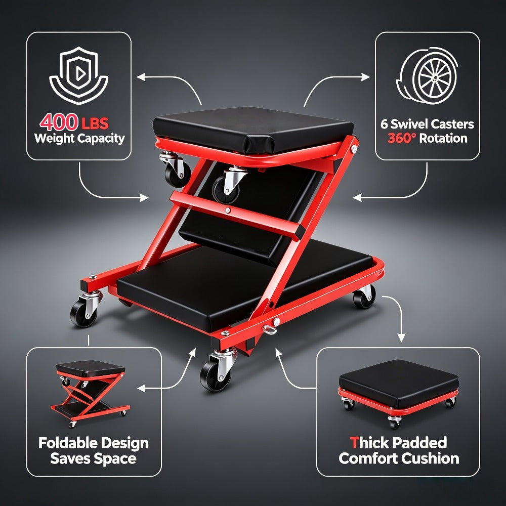 Mechanic Creeper Crawler Seat 36" Z-Type Folding with 6 Swivel Wheels & Adjustable Load Plate – Garage Repair Crawling Board