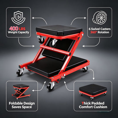 Mechanic Creeper Crawler Seat 36" Z-Type Folding with 6 Swivel Wheels & Adjustable Load Plate – Garage Repair Crawling Board