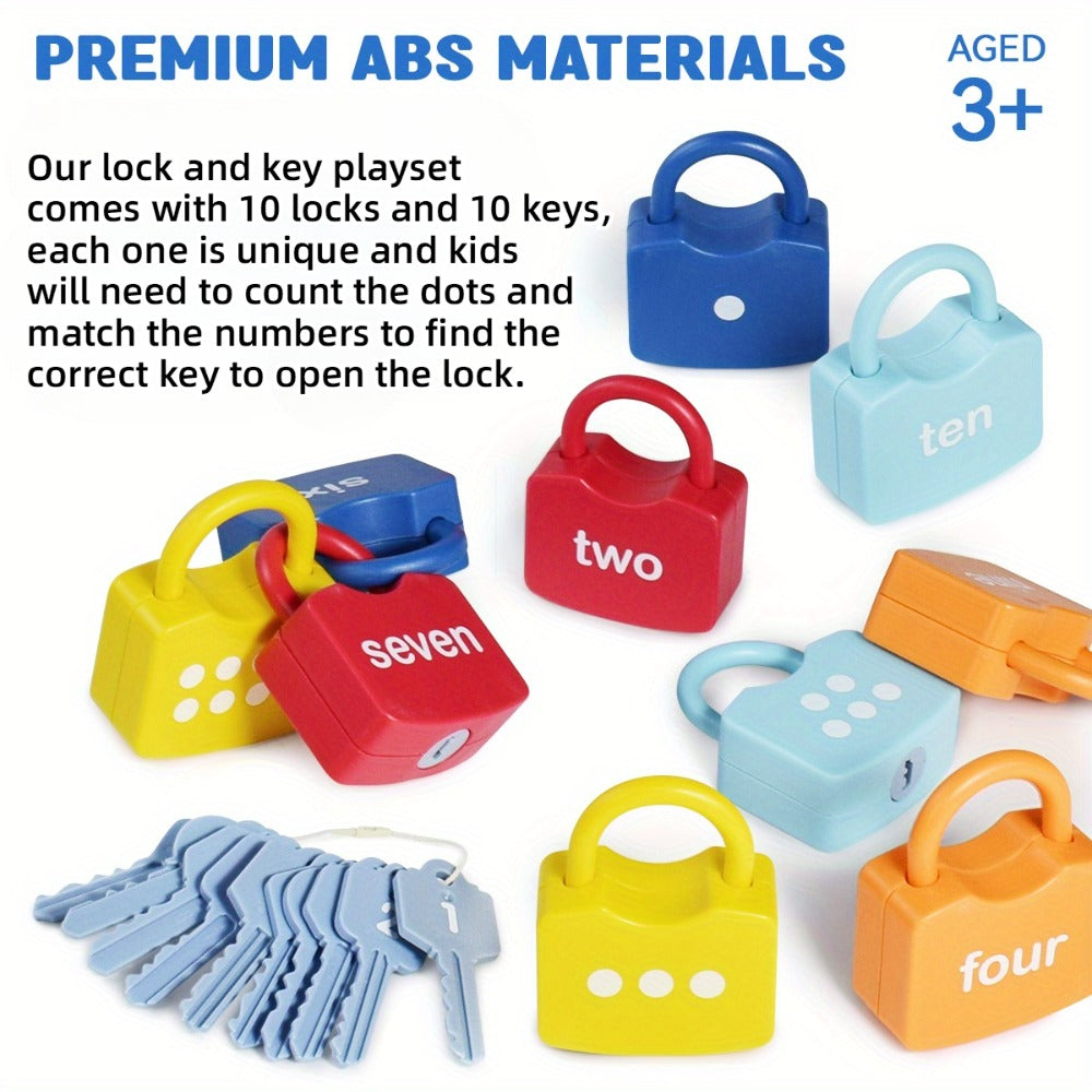 Preschool Math Lock and Key Counting Toy 10 Sets – Number Recognition Manipulative for Kids Ages 3-5, Color-Coded Kindergarten Math